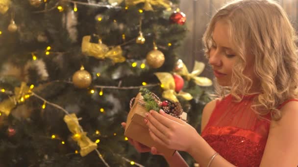 Κορίτσι Άνοιγμα Χριστουγεννιάτικο Δώρο — Αρχείο Βίντεο