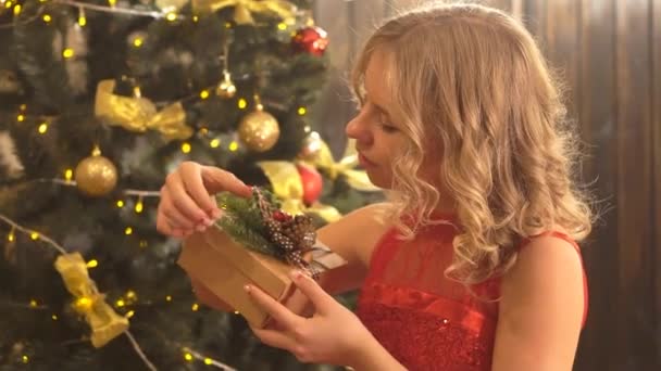Kalapban Holding Egy Piros Karácsonyi Ajándékdoboz — Stock videók