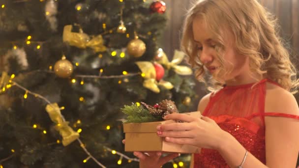 Incroyable Jeune Femme Regardant Cadeau Noël Magique Dans Boîte — Video