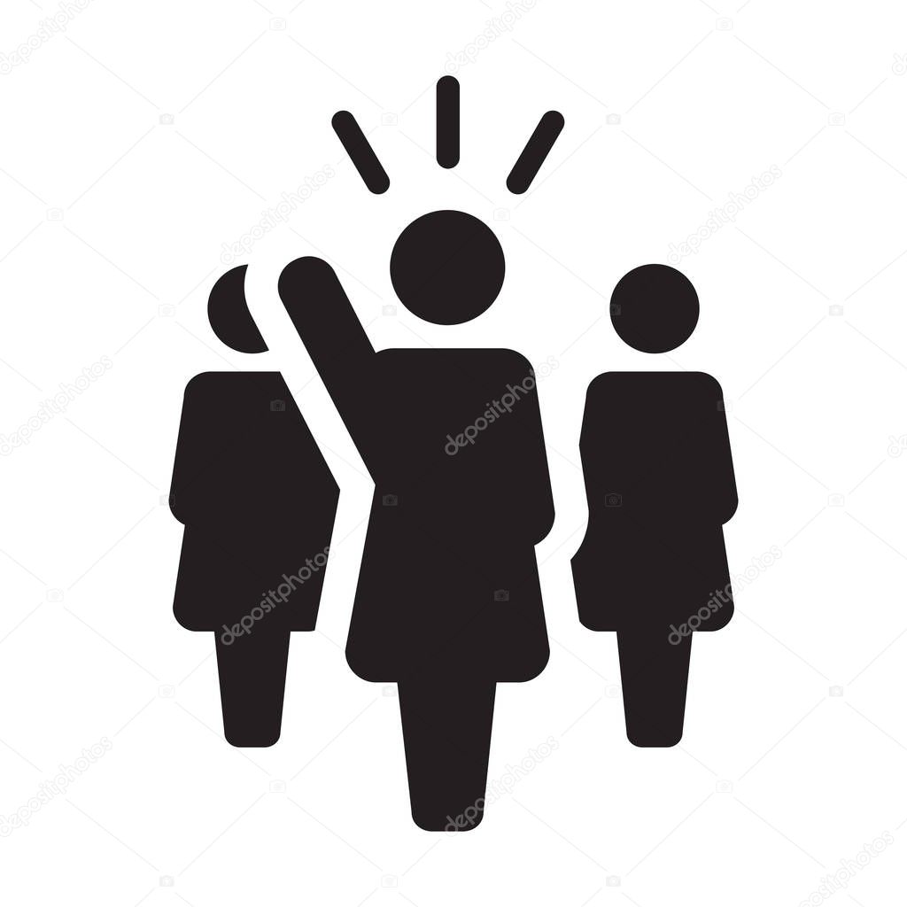 Leader Icon vector female public speaker person symbol for leadership with raised hand in glyph pictogram illustration