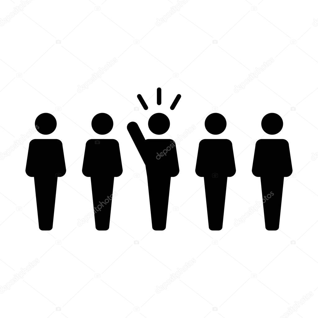 Leader Icon vector male public speaker person symbol for leadership with raised hand in glyph pictogram illustration