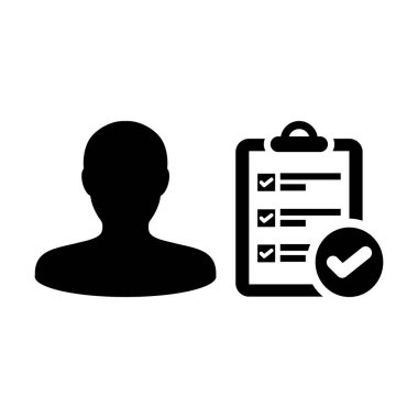 Anket denetim listesi rapor belge ve kene sembolü düz renkli glif piktogram illüstrasyon ile liste simge vektör erkek kişi profili avatar