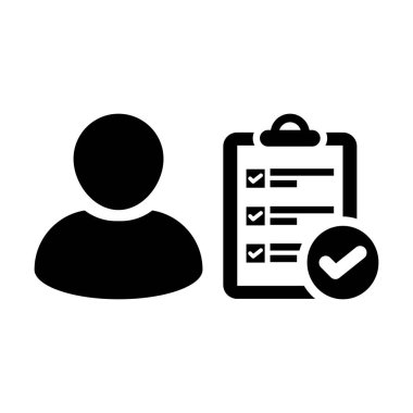 Sınav simge vektör erkek kişi profili avatar düz renkli glif piktogram illüstrasyon belge ve kene simgesiyle