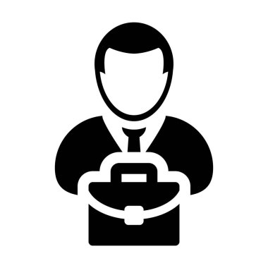 Düz renk glif piktogram illüstrasyon iş için evrak çantası olan erkek simge vektör kişi profil avatar simge