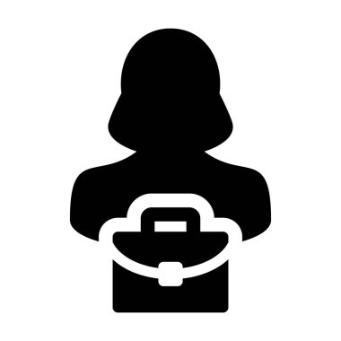 Düz renk glif piktogram illüstrasyon iş için evrak çantası olan kişi simge vektör kadın profili avatar simge