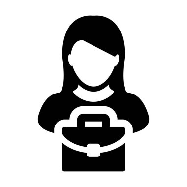 Düz renk glif piktogram illüstrasyon iş için evrak çantası olan kadın simge vektör kişi profil avatar simge