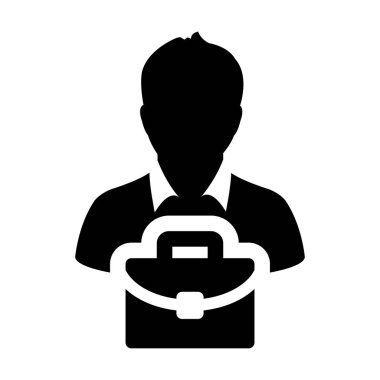 Düz renk glif piktogram illüstrasyon iş için evrak çantası olan çanta simge vektör erkek kişi profil avatar simge