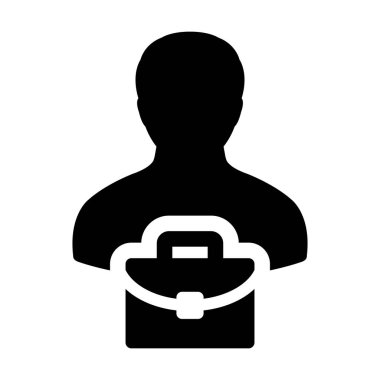 Simge vektör erkek kişi profil avatar sembolü ile evrak çantası'nı düz renk glif piktogram illüstrasyon iş için seyahat