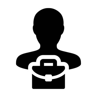 Düz renk glif piktogram illüstrasyon iş için evrak çantası olan bavul simge vektör erkek kişi profil avatar simge