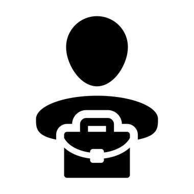 Düz renk glif piktogram illüstrasyon iş için evrak çantası olan çalışan simge vektör erkek kişi profil avatar simge