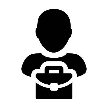 Düz renk glif piktogram illüstrasyon iş için evrak çantası olan erkek simge vektör kişi profil avatar simge