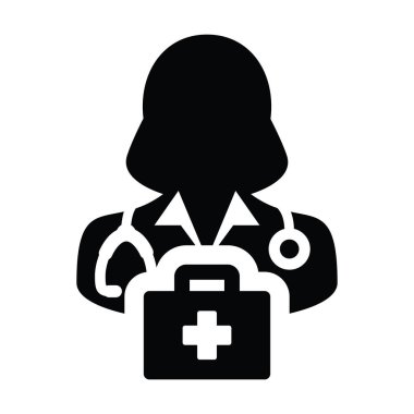Tıbbi simge vektör kadın doktor kişi profili avatar stetoskop ve ilk yardım çantasında istişare için glif piktogram çizimde