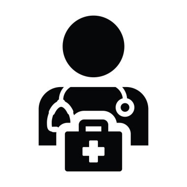 Stetoskop ve ilk yardım çantasında tıbbi danışma için glif piktogram çizimde ile sağlık simge vektör erkek doktor kişi profili avatar