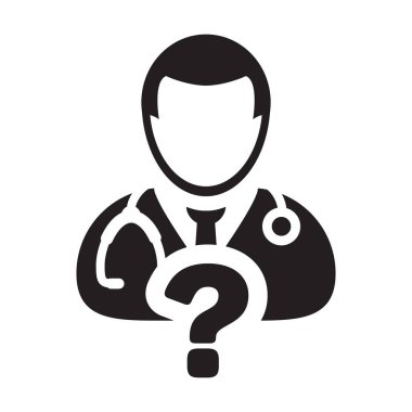 Glif piktogram çizimde tıbbi cevap soru simgesi ile doktor Danışma simge vektör erkek kişi profili avatar