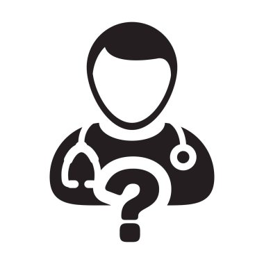 Glif piktogram çizimde tıbbi cevap soru simgesi ile doktor Danışma simge vektör erkek kişi profili avatar