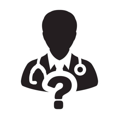 Doktor simge vektör erkek kişi profili avatar glif piktogram çizimde tıbbi danışma için soru simgesiyle