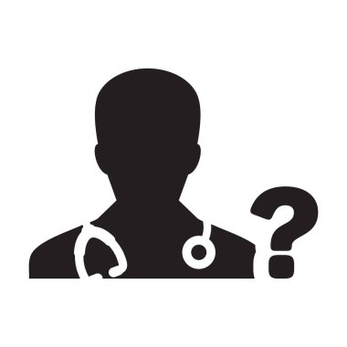 Simge vektör doktora sormak soru sembolü glif piktogram çizimde Tıbbi Danışma ile erkek kişi profili avatar