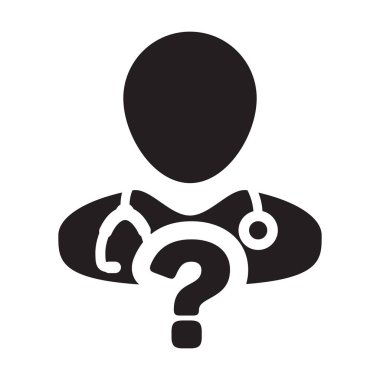 Doktor simge vektör erkek kişi profili avatar glif piktogram çizimde tıbbi danışma için soru simgesiyle