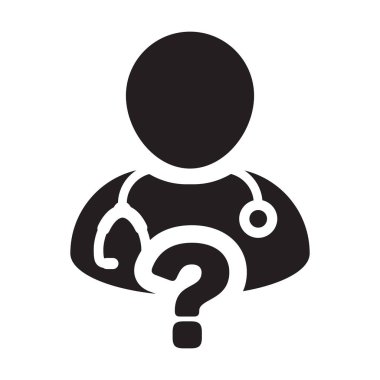 Glif piktogram çizimde tıbbi cevap soru simgesi ile doktor Danışma simge vektör erkek kişi profili avatar