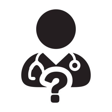Glif piktogram çizimde tıbbi cevap soru simgesi ile online doktor Danışma simge vektör erkek kişi profili avatar