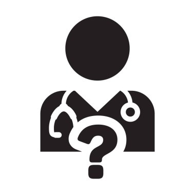 Glif piktogram çizimde tıbbi cevap soru simgesi ile doktor Danışma simge vektör erkek kişi profili avatar