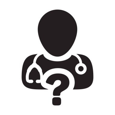 Doktor simge vektör erkek kişi profili avatar glif piktogram çizimde tıbbi danışma için soru simgesiyle