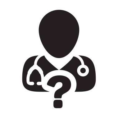 Glif piktogram çizimde tıbbi cevap soru simgesi ile doktor Danışma simge vektör erkek kişi profili avatar