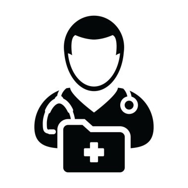 Steteskop ve glif piktogram çizimde tıbbi danışma için tıbbi rapor klasörü ile sağlık simge vektör erkek doktor kişi profili avatar