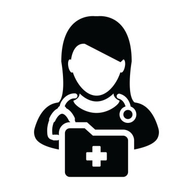 Steteskop ve glif piktogram çizimde tıbbi danışma için tıbbi rapor klasörü ile ilk yardım simge vektör kadın doktor kişi profili avatar