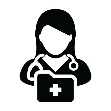 Steteskop ve glif piktogram çizimde tıbbi danışma için tıbbi rapor klasörü ile sağlık simge vektör kadın doktor kişi profili avatar