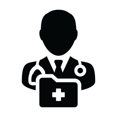 Tıbbi simge vektör erkek doktor kişi profili avatar stetoskop ve Sağlık Danışma glif piktogram resimde için tıbbi rapor klasörü