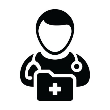 Tıbbi rapor simge vektör erkek doktor kişi profili avatar stetoskop ve glif piktogram illüstrasyon sağlık istişare için klasör ile