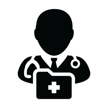 Hemşire simge vektör erkek kişi profili avatar stetoskop ve glif piktogram çizimde tıbbi danışma için tıbbi rapor klasörü