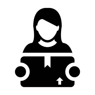 Teslimat simge vektör kadın işçi lojistik hizmet kişi profili avatar kargo paketi kutusunda glif piktogram sembol çizimde kurye ile