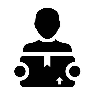 Kurye simge vektör erkek lojistik alt hizmet kişi profil avatar'dır glif piktogram sembol çizimde kargo paketi kutusuyla