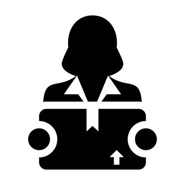 Fabrika simge vektör kadın işçi lojistik hizmet kişi profili avatar kurye ve glif piktogram sembol illüstrasyon teslimi kargo paketi kutusu ile