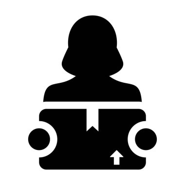 Kurye ve dağıtım glif piktogram sembol resimde için paket kutu ile çalışan simge vektör kadın lojistik işçi hizmet kişi profil avatar