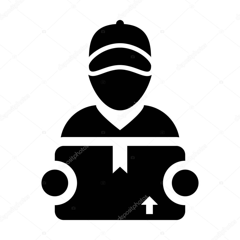 Logistics icon vector male worker service person profile avatar with cargo package box for courier and delivery in Glyph Pictogram Symbol illustration