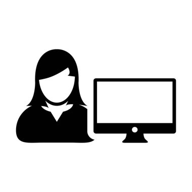 Kullanıcı simge vektör kadın kişi bilgisayar monitör ekran avatar glif piktogram sembol çizimde düz renk ile