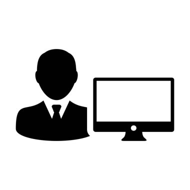 Internet simge vektör erkek kişi Kullanıcı bilgisayar monitör ekran avatar glif piktogram sembol çizimde düz renk ile