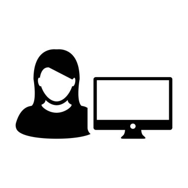 Kişi simge vektör kadın Kullanıcı bilgisayar monitör ekran avatar glif piktogram sembol çizimde düz renk ile