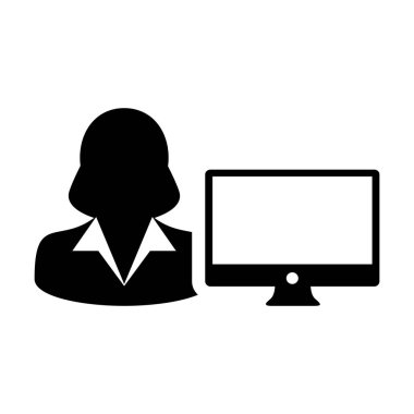 Bilgisayar simge vektör kadın kişi Kullanıcı bilgisayar monitör ekran avatar glif piktogram sembol çizimde düz renk ile