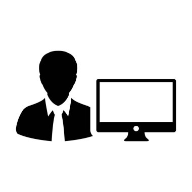 Mühendis simge vektör erkek kişi Kullanıcı bilgisayar monitör ekran avatar glif piktogram sembol çizimde düz renk ile