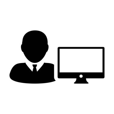 Simge vektör erkek kişi Kullanıcı bilgisayar monitör ekran avatar glif piktogram sembol çizimde düz renk ile ilişkilendirme