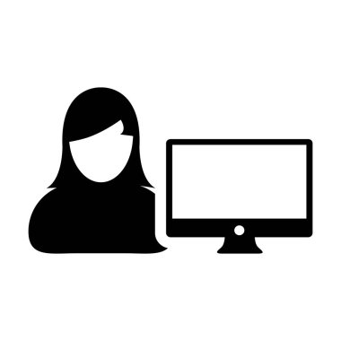 Office simge vektör kadın kişi Kullanıcı bilgisayar monitör ekran avatar glif piktogram sembol çizimde düz renk ile