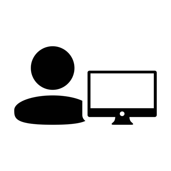 计算机图标向量男性用户与计算机显示器屏幕头像在平面颜色字形象形文字符号例证 — 图库矢量图片