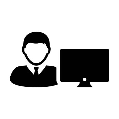 Müşteri simge vektör erkek kişi Kullanıcı bilgisayar monitör ekran avatar glif piktogram sembol çizimde düz renk ile