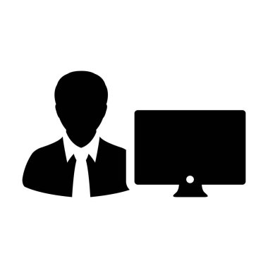 Admin simge vektör erkek kişi Kullanıcı bilgisayar monitör ekran avatar glif piktogram sembol çizimde düz renk ile