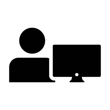 Tasarımcı simge vektör erkek kişi Kullanıcı bilgisayar monitör ekran avatar glif piktogram sembol çizimde düz renk ile