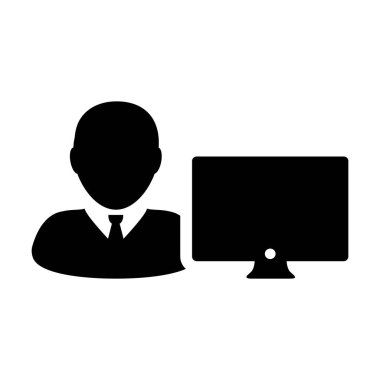 Müşteri simge vektör erkek kişi Kullanıcı bilgisayar monitör ekran avatar glif piktogram sembol çizimde düz renk ile